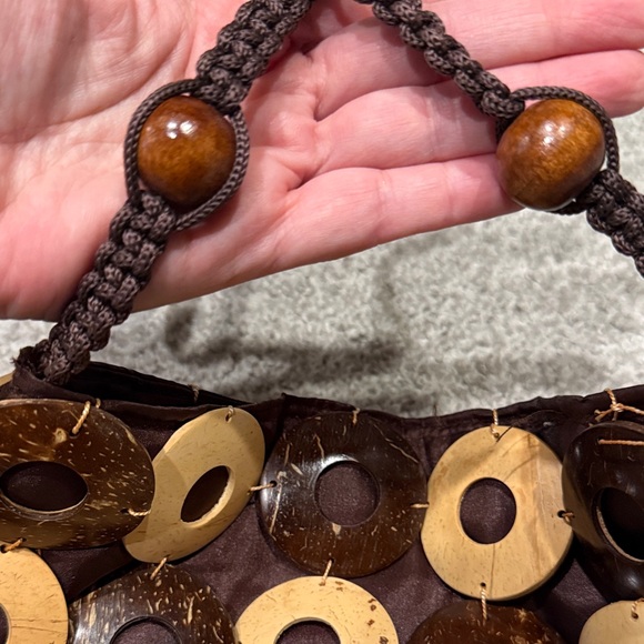 Brown and Tan wood Beaded Women's Bag - Picture 3 of 10